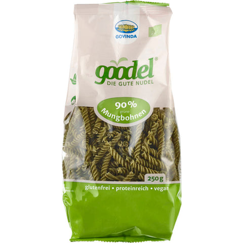 Packung Goodel 90% grüne Mungbohnen, eine gesunde und proteinreiche Nudelalternative aus grünen Mungbohnen, ideal für vegane und glutenfreie Ernährung.