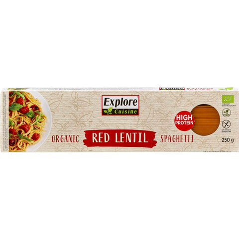 Glutenfreie Spaghetti aus roten Linsen in einer transparenten Verpackung, ideal für eine gesunde und proteinreiche Ernährung.