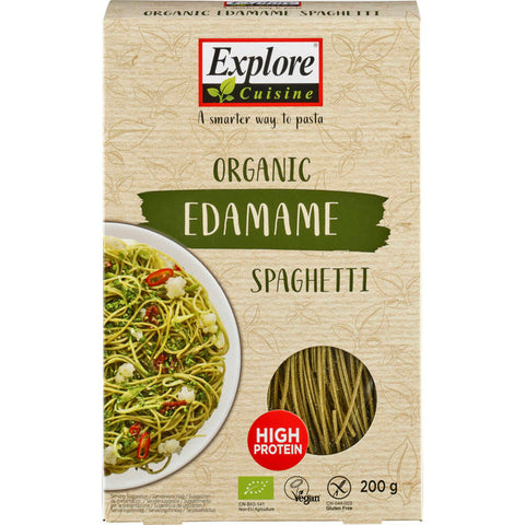 Glutenfreie Spaghetti aus Edamamebohnen in einer grünen Verpackung, ideal für eine gesunde und proteinreiche Mahlzeit.