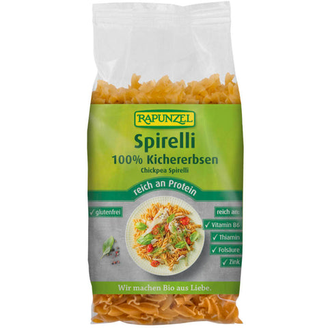 Eine Packung Kichererbsen Spirelli Nudeln, hergestellt aus 100% Kichererbsenmehl, ideal für glutenfreie und proteinreiche Mahlzeiten.