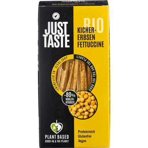 Eine Packung Kichererbsen Fettuccine, glutenfreie Pasta aus 100% Kichererbsen, ideal für eine gesunde und proteinreiche Ernährung.