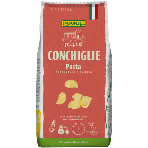 Eine Packung Conchiglie Semola Pasta, italienische Muschelnudeln aus Hartweizengrieß, ideal für herzhafte Saucen und Aufläufe.