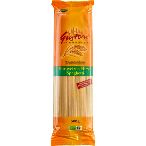 Eine Packung Hirse-Spaghetti, glutenfreie Nudeln aus Hirsemehl, ideal für eine gesunde und ausgewogene Ernährung.