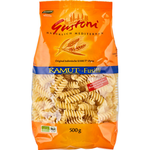 Eine Packung Fusilli-Nudeln, gedrehte Spiralnudeln aus Hartweizengrieß, ideal für Pastagerichte und Salate.