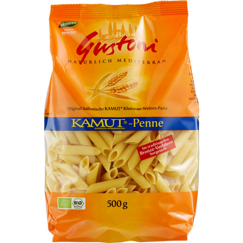 Packung Kamut®-Penne aus Bronze-geschnittenem Teig, ideal für gesunde und nahrhafte Pasta-Gerichte.