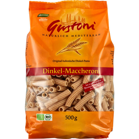 Packung Dinkel-Maccheroni aus Bronze-Form, gesunde Vollkornnudeln aus Dinkelmehl