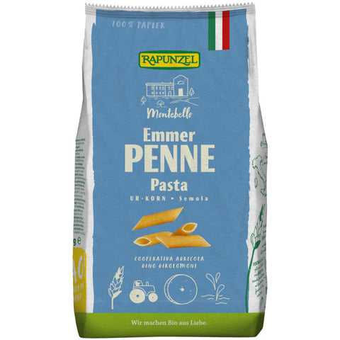 Packung Emmer-Penne Semola, italienische Hartweizennudeln aus Emmer-Weizen, ideal für gesunde und nahrhafte Pastagerichte.