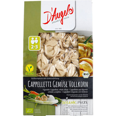 Packung Cappelletti Gemüse Vollkorn – gefüllte Vollkornteigtaschen mit einer leckeren Gemüsefüllung, ideal für eine gesunde und schmackhafte Mahlzeit.