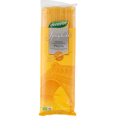 Glutenfreie Mais-Reis-Spaghetti in einer transparenten Verpackung, ideal für eine gesunde und allergenfreie Ernährung.