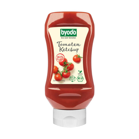 Flasche Tomatenketchup mit 80% Tomatenanteil, ideal zum Verfeinern von Gerichten und als Dip.