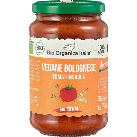 Glas mit veganer Bolognese Tomatensauce, gefüllt mit einer herzhaften Mischung aus Tomaten, Gemüse und pflanzlichen Proteinen, ideal für Pasta-Gerichte.