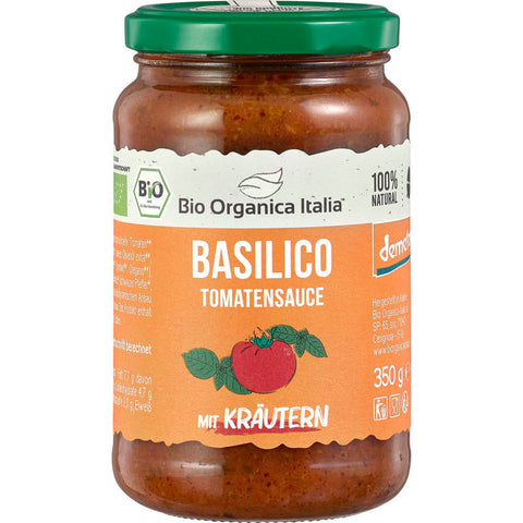 Glas Basilico Tomatensauce von demeter, gefüllt mit aromatischer Tomatensauce aus biologischem Anbau.