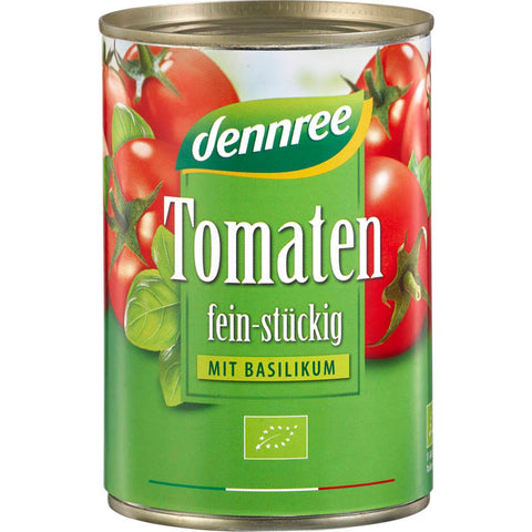 Dose mit fein-stückigen Tomaten und Basilikum