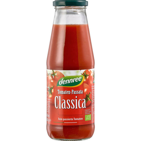 Glasflasche mit Tomaten-Passata Classica, einer samtigen, passierten Tomatensauce aus sonnengereiften Tomaten, ideal für italienische Gerichte.