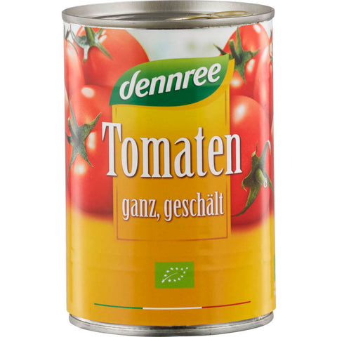 Geschälte ganze Tomaten in einer Dose, ideal für Saucen und Suppen.