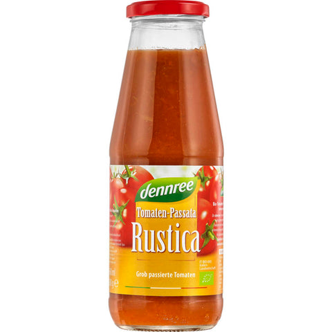 Glasflasche mit Tomaten-Passata Rustica, einer dickflüssigen, rustikalen Tomatensauce aus sonnengereiften Tomaten, ideal für Pasta und italienische Gerichte.