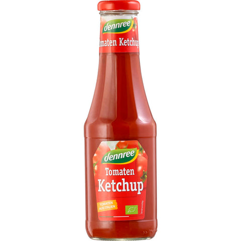 Glasflasche mit Tomatenketchup, gefüllt mit reichhaltigem, roten Ketchup aus sonnengereiften Tomaten, ideal zum Verfeinern von Pommes, Burgern und anderen Gerichten.