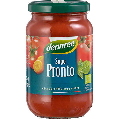 Glas Sugo Pronto Tomatensauce mit frischen Kräutern und Gewürzen, ideal für schnelle und köstliche Pastagerichte.