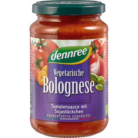 Ein Glas mit vegetarischer Bolognese-Sauce, gefüllt mit einer herzhaften Mischung aus Tomaten, Gemüse und pflanzlichen Proteinen, ideal für Pasta-Gerichte.