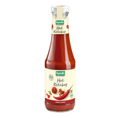 Flasche Hot Ketchup mit feurigem Geschmack, ideal zum Würzen von Pommes, Burgern und Grillgerichten.