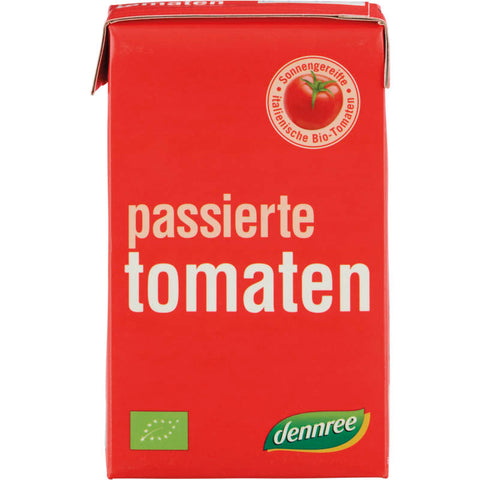 Eine Packung passierte Tomaten, ideal für Saucen und Suppen, zeigt eine rote Tomatenabbildung auf der Vorderseite und enthält 500 ml frische, pürierte Tomaten ohne Kerne und Schalen.