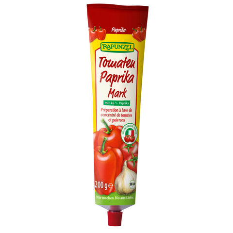 Tomaten-Paprikamark in einer praktischen Tube, ideal zum Verfeinern von Saucen und Gerichten.