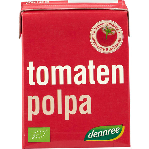 Tomaten Polpa in einer Tetra-Verpackung, ideal für Saucen und Suppen, aus frischen, reifen Tomaten hergestellt.