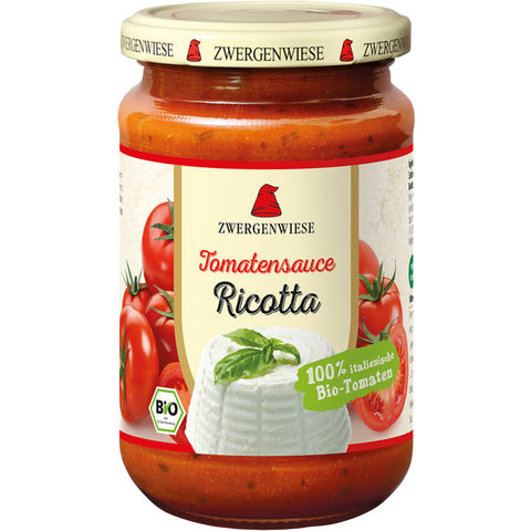 Ein Glas Tomatensauce mit Ricotta, perfekt für Pasta-Gerichte. Die Sauce ist reich an fruchtigen Tomaten und cremigem Ricotta-Käse, ideal für eine schnelle und köstliche Mahlzeit.