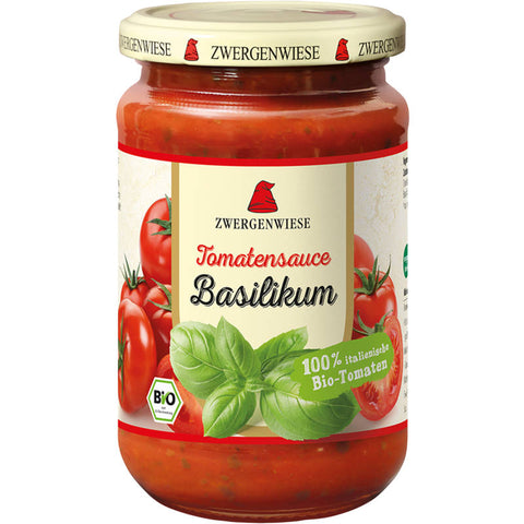 Glas Tomatensauce mit frischem Basilikum, ideal für Pasta-Gerichte.