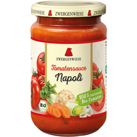 Glas mit Tomatensauce Napoli, gefüllt mit reichhaltiger, roter Tomatensauce, verfeinert mit Kräutern und Gewürzen, ideal für Pasta-Gerichte.