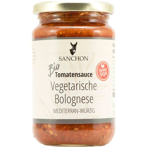 Glas mit vegetarischer Bolognese-Tomatensauce, gefüllt mit einer herzhaften Mischung aus Tomaten, Gemüse und Gewürzen, ideal für Pasta-Gerichte.