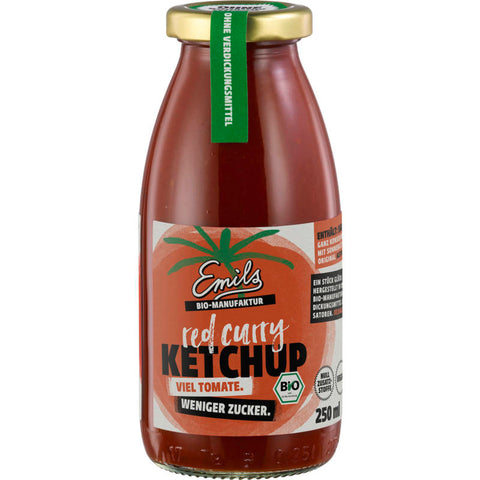 Flasche Redcurry Ketchup mit würzigem Geschmack, ideal zum Verfeinern von Grillgerichten und Pommes.