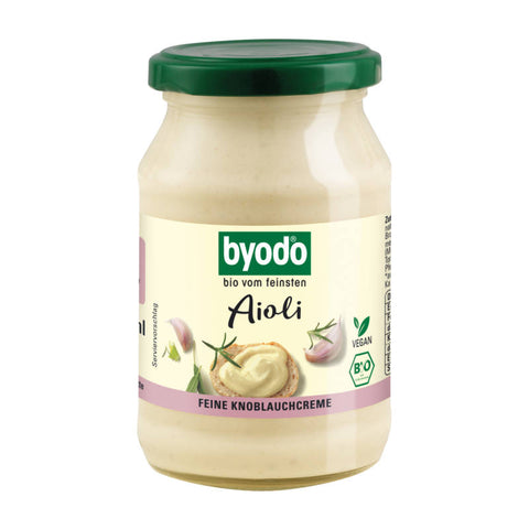 Vegane Aioli in einem Glasbehälter, cremige Konsistenz, ideal als Dip oder Brotaufstrich, pflanzliche Zutaten, ohne tierische Produkte