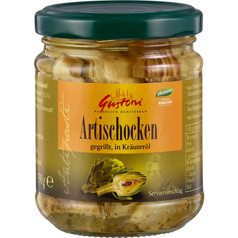 Gegrillte Artischockenhälften in aromatischem Kräuteröl, perfekt als Vorspeise oder Beilage.