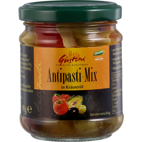 Antipasti-Mix in Kräuteröl, demeter-zertifiziert, bestehend aus einer Auswahl von marinierten Oliven, getrockneten Tomaten und Artischocken, in hochwertigem Kräuteröl eingelegt.