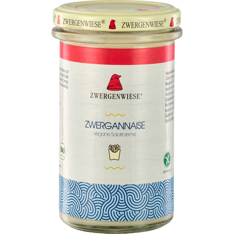 Zwergannaise vegane Salatcreme in einem Glasbehälter mit grünem Etikett, ideal für vegane und vegetarische Gerichte.