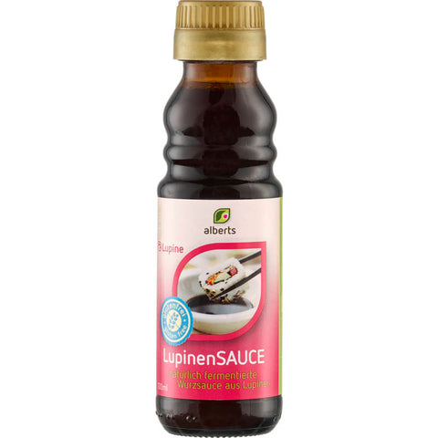 Flasche LupinenSauce - vegane, pflanzliche Alternative zu Sojasauce, ideal zum Würzen und Verfeinern von Gerichten.