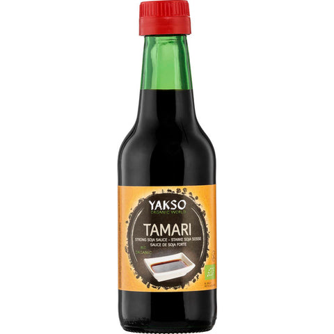 Flasche glutenfreie Sojasauce Tamari, ideal für Menschen mit Glutenunverträglichkeit, perfekt zum Würzen von asiatischen Gerichten.