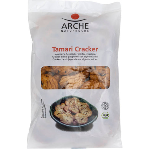 Eine Packung knuspriger Tamari Cracker, perfekt als herzhafter Snack oder Beilage.