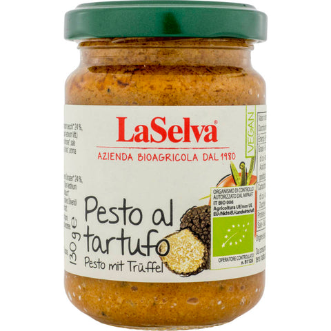 Glas Pesto mit Trüffel, cremige grüne Sauce mit feinen Trüffelstückchen, ideal für Pasta und Gourmetgerichte