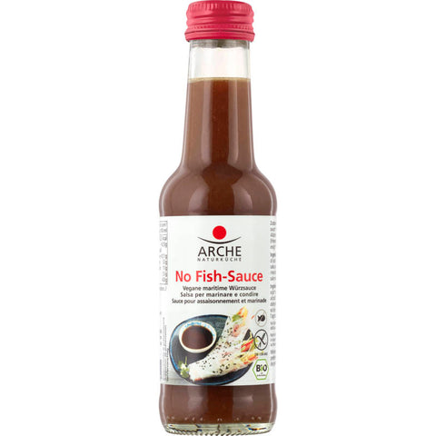 Flasche mit No Fish-Sauce, einer veganen Alternative zu traditioneller Fischsauce, ideal für asiatische Gerichte und frei von tierischen Inhaltsstoffen.