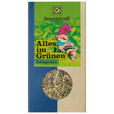 Alles im Grünen Salatgewürz in einer stilvollen Gewürzdose, ideal zum Verfeinern von frischen Salaten mit einer aromatischen Kräutermischung.