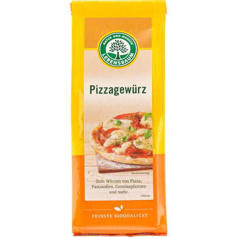 Eine Glasflasche mit Pizzagewürz, gefüllt mit einer aromatischen Mischung aus getrockneten Kräutern und Gewürzen, ideal zum Verfeinern von hausgemachten Pizzen.