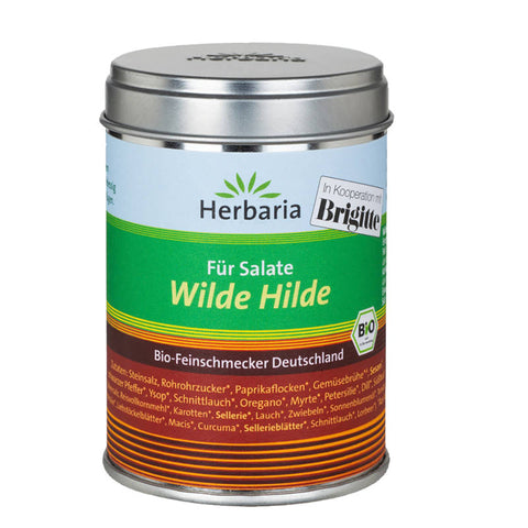 Wilde Hilde Salatgewürz in einer stilvollen Gewürzdose, perfekt zum Verfeinern von frischen Salaten mit einer aromatischen Kräutermischung.