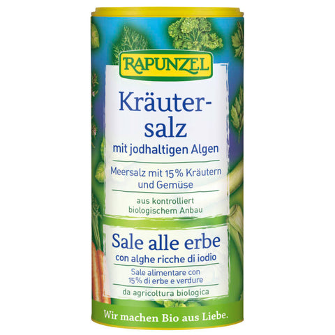 Kräutersalz in einem Glasbehälter, gefüllt mit einer aromatischen Mischung aus getrockneten Kräutern und feinem Salz, ideal zum Verfeinern von Speisen.