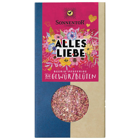 Alles Liebe Gewürzblüten - Eine bunte Mischung aus getrockneten Blüten und Gewürzen in einem Glasbehälter, ideal zum Verfeinern von Speisen und zum Verschenken.