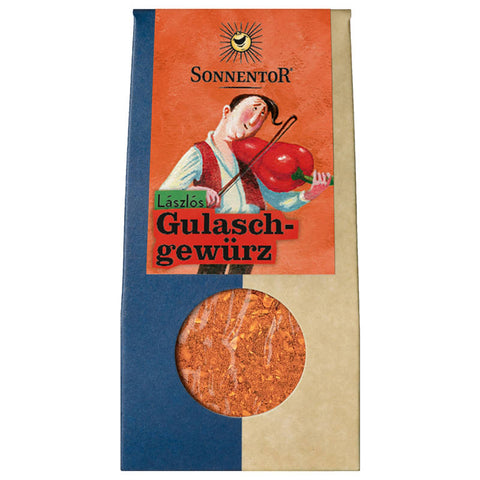 Lászlós Gulaschgewürz in einer stilvollen Gewürzdose, ideal zum Verfeinern von traditionellen Gulaschgerichten. Die Verpackung zeigt ein ansprechendes Design mit ungarischen Motiven.