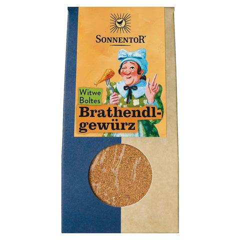 Witwe Boltes Brathendel - Gewürzmischung in einer stilvollen Verpackung, ideal zum Verfeinern von Brathähnchen und anderen Geflügelgerichten.