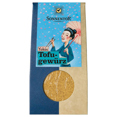 Yokos Tofugewürz in einer stilvollen Verpackung, ideal zum Verfeinern von Tofu-Gerichten mit einer köstlichen Mischung aus Gewürzen und Kräutern.