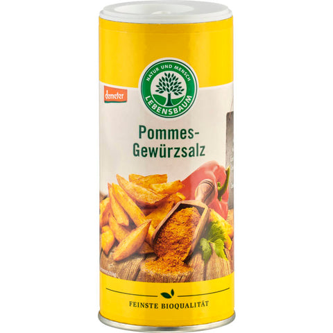 Pommes-Gewürzsalz in einer transparenten Gewürzdose, perfekt zum Verfeinern von Pommes frites und anderen Kartoffelgerichten.